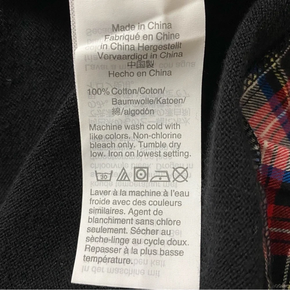 J. CREW TOP BLACK LONG SLEEVE TEE WHITE PLAID COLLAR HEM KEYHOLE BACK SIZE M